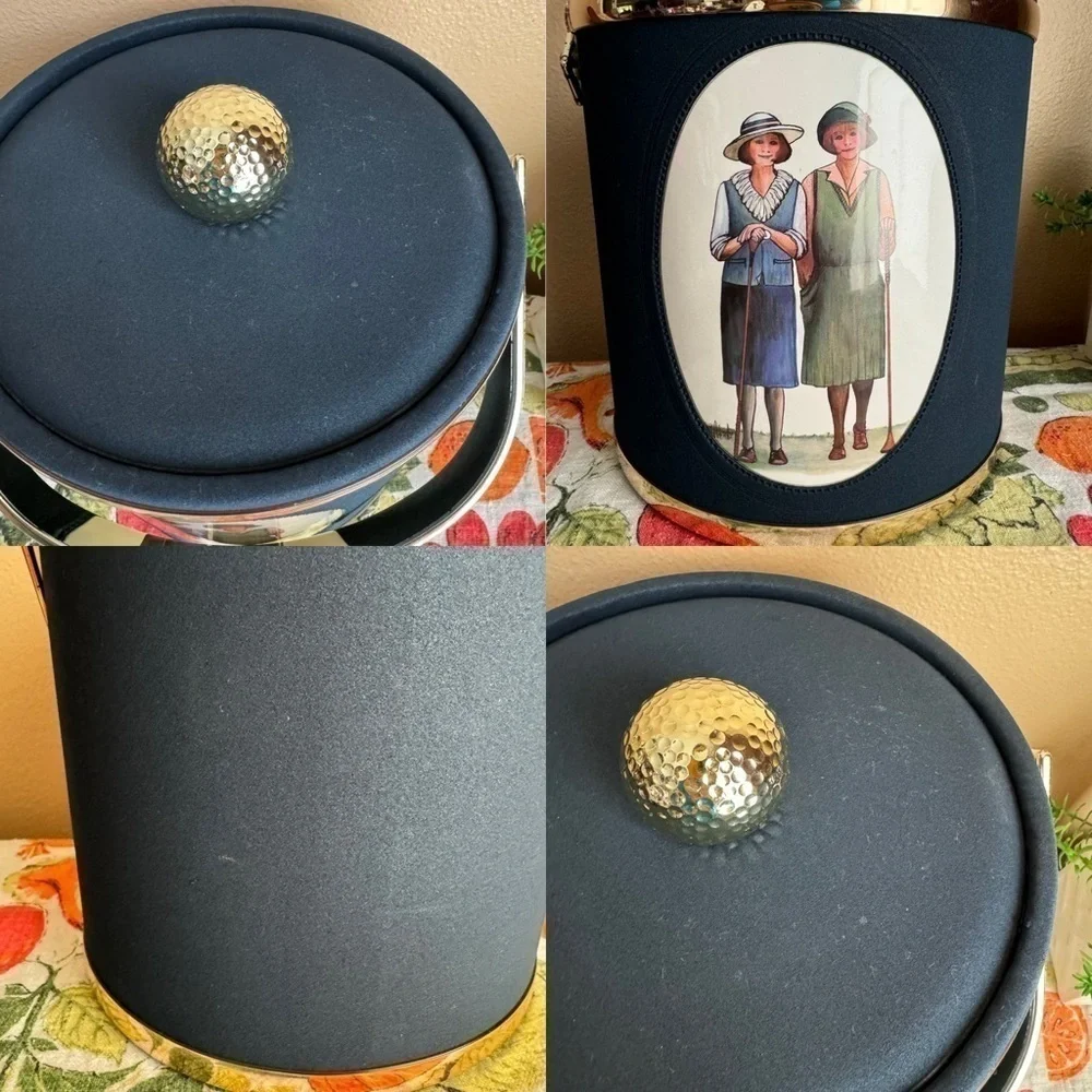 Vintage style lady golfer navy ice bucket with lid